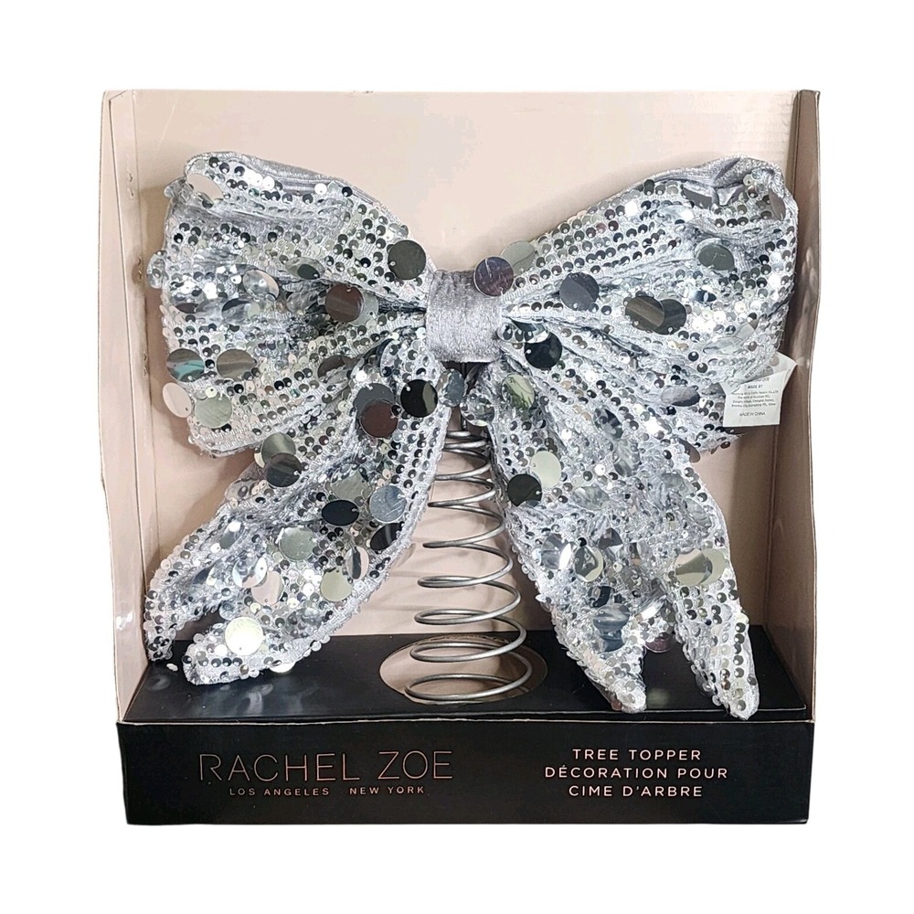 Rachel Zoe Sequin Bow Tree Topper Silver Metallic Glam Holiday Christmas 11.5"